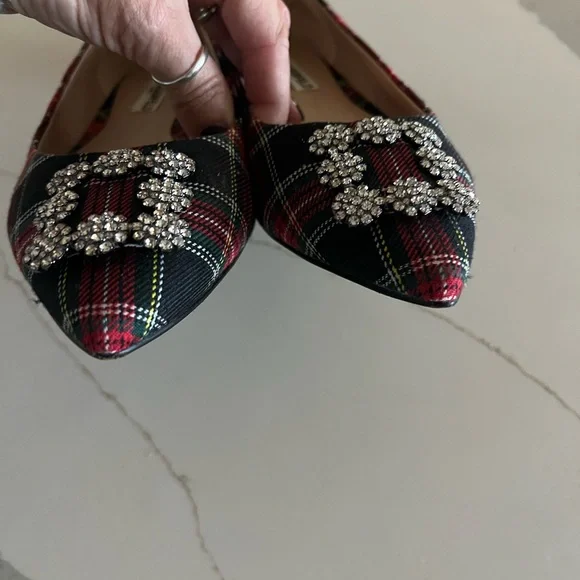 Karl Lagerfeld Black and Red Plaid Heels with Embellishments - Picture 2 of 6